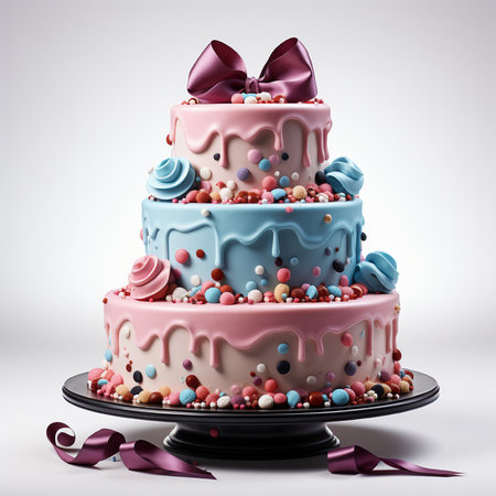 Colorful birthday cake with pink and blue icing, 3d illustrationの素材