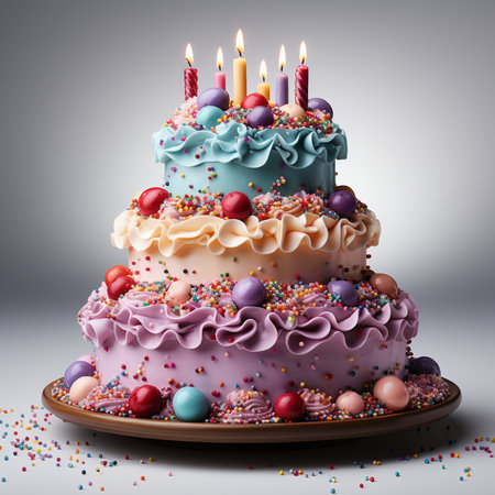 Colorful birthday cake with candles and candies on a gray backgroundの素材