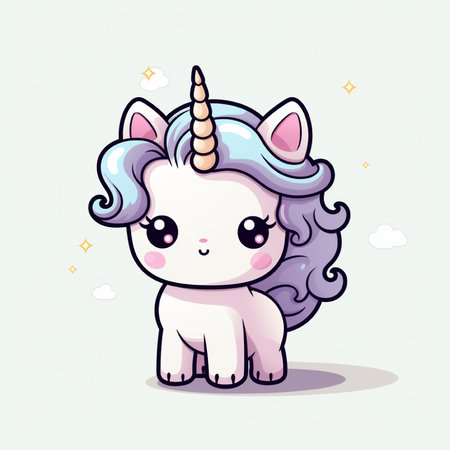 Cute cartoon unicorn with purple hair. Vector illustration isolated on white background.の素材