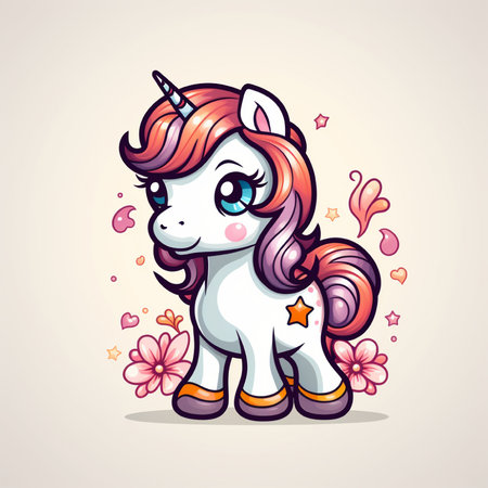 Cute cartoon unicorn with pink hair. Vector illustration for your designの素材
