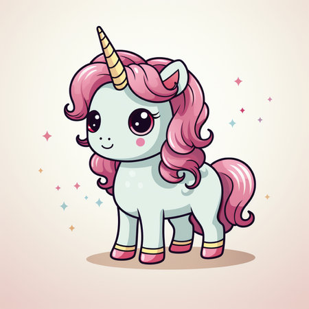 Cute cartoon unicorn with pink hair. Vector illustration isolated on white background.の素材