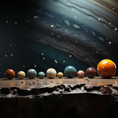 Colourful planets on a wooden table with a dark background.の素材