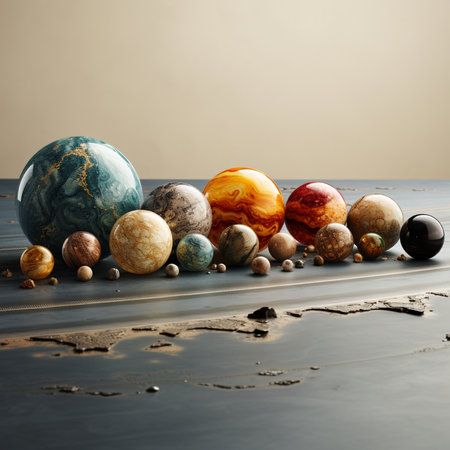 variety of colorful marbles on old wooden table. space for textの素材