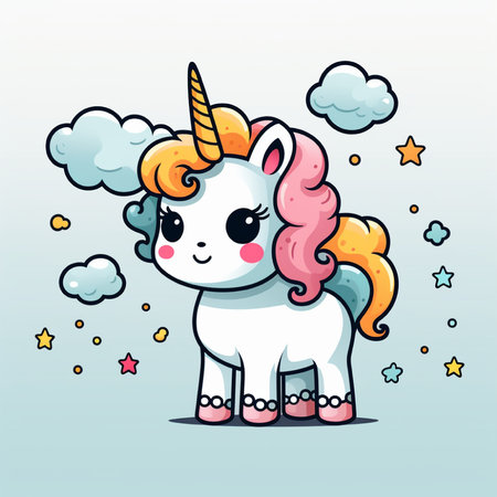 Cute cartoon unicorn with rainbow hair and clouds. Vector illustration.の素材
