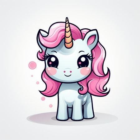 Cute cartoon unicorn with pink hair. Vector illustration isolated on white background.の素材