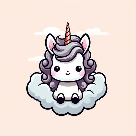 Cute unicorn sitting on cloud. Vector illustration in cartoon style.の素材