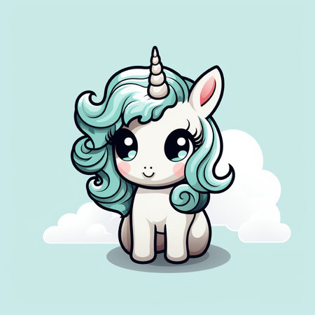 Cute cartoon unicorn with blue hair on the cloud. Vector illustration.の素材