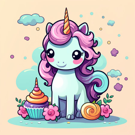 Cute cartoon unicorn with sweet cupcake. Vector illustration of a magical animal.の素材