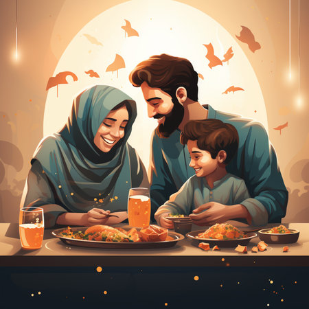 Muslim family eating traditional food for Eid al-Fitr celebration illustrationの素材