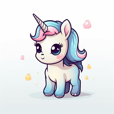 Cute cartoon unicorn with blue mane and horn. Vector illustration.の素材