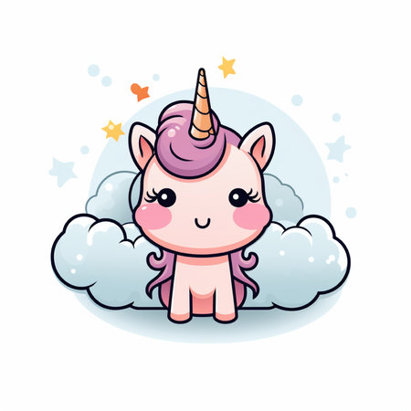 Cute cartoon unicorn with clouds and stars. Vector Illustration.の素材