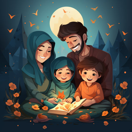Happy muslim family reading holy book at night. Vector illustration.の素材