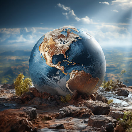 Earth planet on the rock. 3d render. Elements of this image furnished by NASAの素材