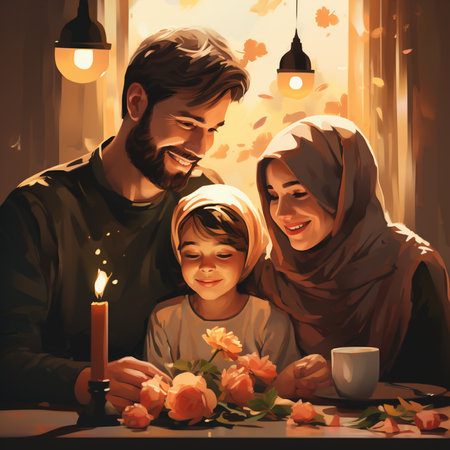 Happy muslim family celebrating ramadan at home. Ramadan Kareem.の素材
