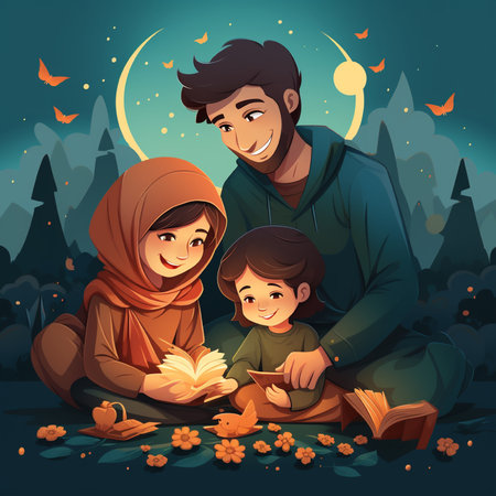 Muslim family reading holy quran in the forest at night vector illustrationの素材