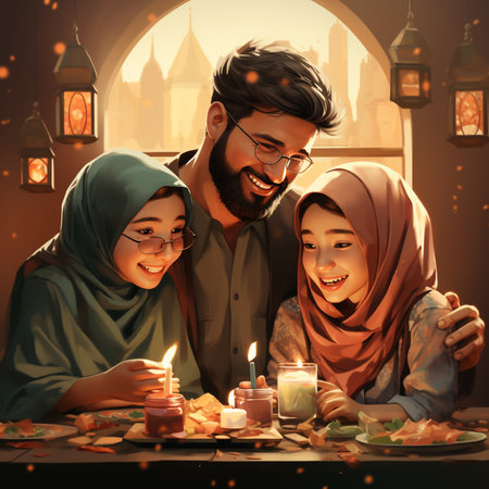 muslim family celebrating eid mubarak with candles at homeの素材