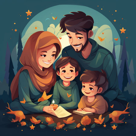 Happy muslim family reading book in autumn forest. Mother, father, son and daughter cartoon vector illustrationの素材