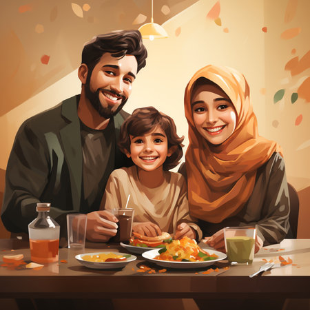 Muslim family having lunch together in restaurant. Cheerful muslim parents with their daughter and son sitting at the table and eating.の素材