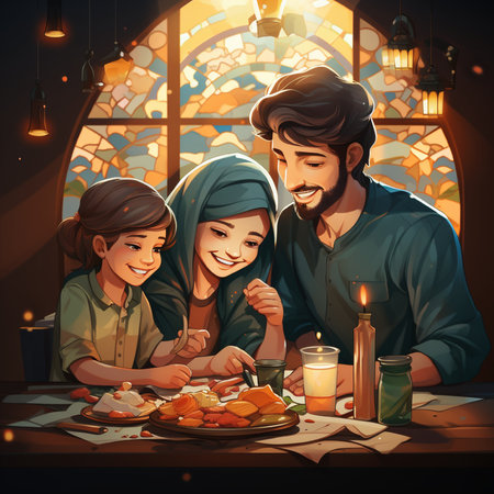 Happy family sitting at table and eating food. Father, mother and daughter spending time together at home.の素材