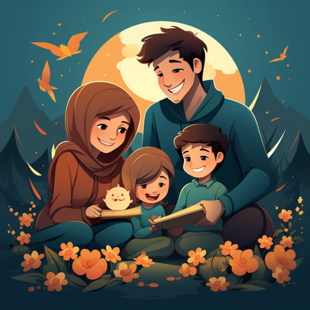 Happy muslim family reading a book in nature. Vector illustration.の素材
