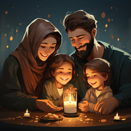 Happy family with children lighting candles in the night. Christmas and New Year conceptの素材