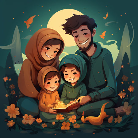 Happy muslim family with kids sitting on grass and reading holy book at night vector illustrationの素材
