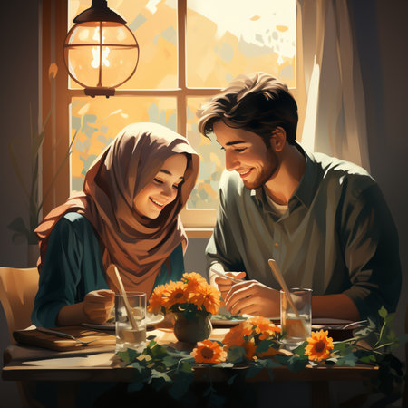 Hijab man and woman sitting at the table with flowers.の素材