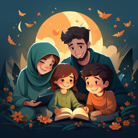 Happy muslim family reading a book in the park at night illustrationの素材