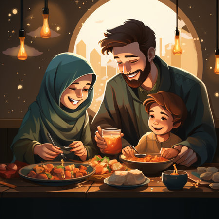 Muslim family eating traditional food at night in the mosque. Ramadan Kareem.の素材