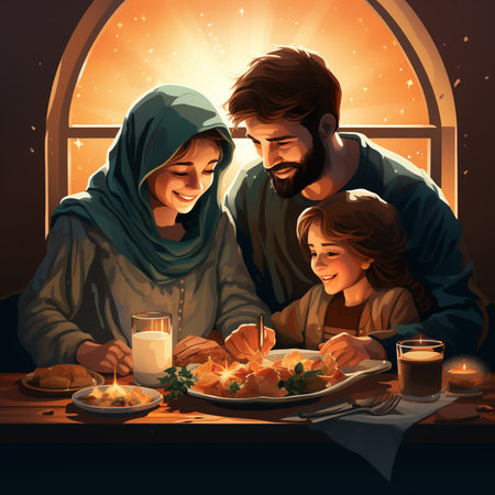 Happy family sitting in the dining room at night. Vector illustration.の素材