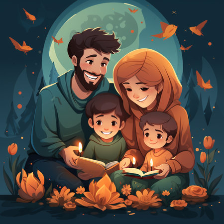 Happy family reading a book in the forest at night, vector illustrationの素材