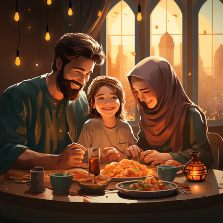 Happy family eating food together at home. Ramadan Kareem concept.の素材