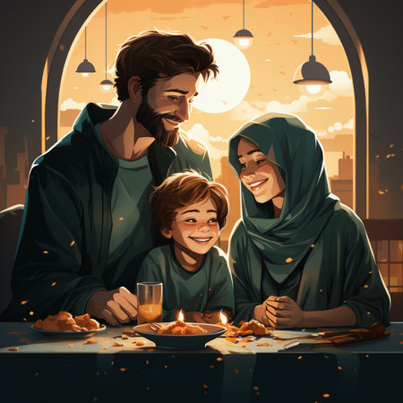 Happy family eating food at night. Ramadan Kareem celebration concept.の素材