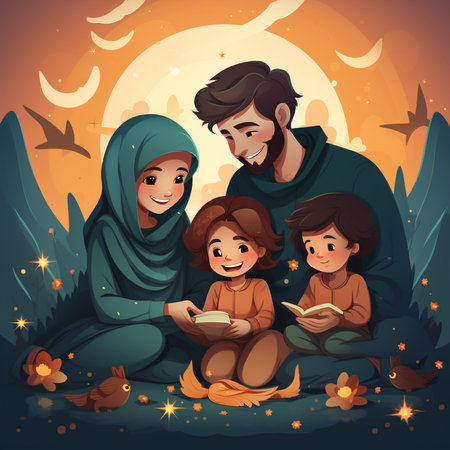 Happy muslim family reading holy book at night. Vector illustration.の素材