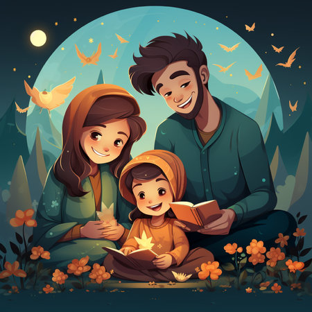 Happy family reading a book in the forest at night. Vector illustrationの素材