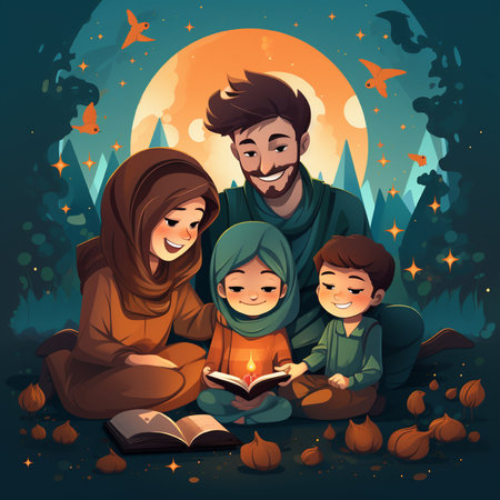Happy muslim family reading holy quran in the night. Vector illustrationの素材
