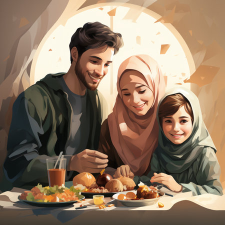 Happy muslim family having lunch at the table. Vector illustration.の素材