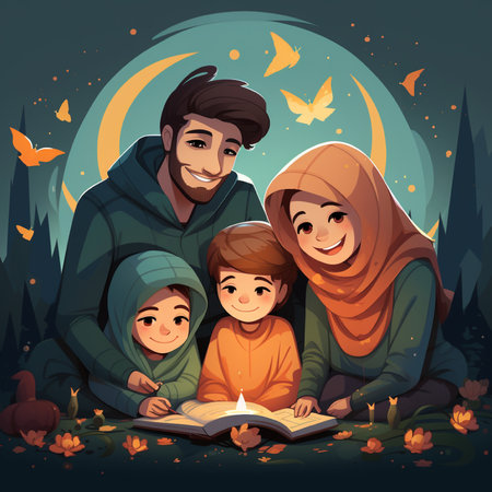 Muslim family reading holy book in the forest at night, vector illustrationの素材