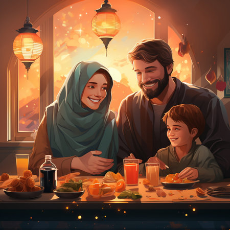 Happy family eating healthy food in the kitchen. Ramadan Kareem concept.の素材