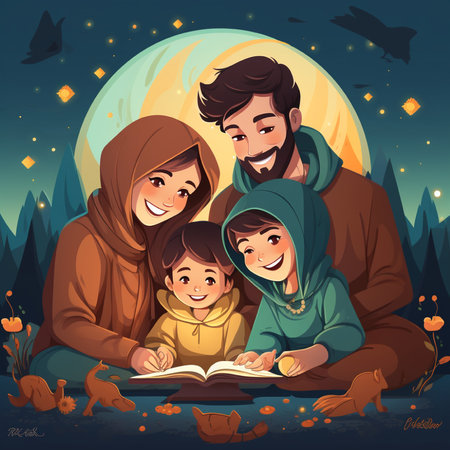 Happy muslim family reading holy quran in the night. Vector illustrationの素材