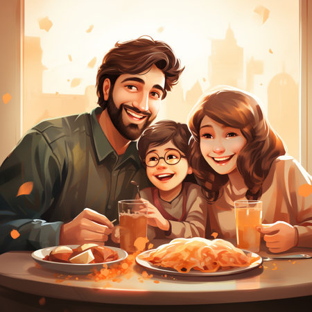 Happy family eating fast food in cafe. Concept of friendly family.の素材