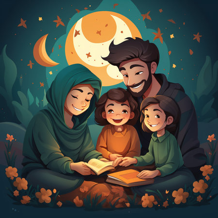 Happy muslim family reading a book in the forest at night illustrationの素材