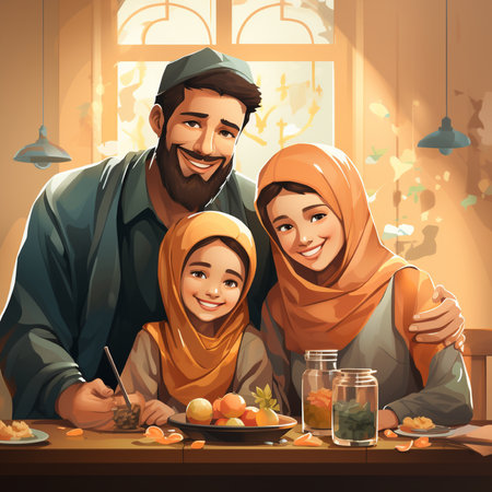 Muslim family at the table in the kitchen. Cartoon vector illustration.の素材