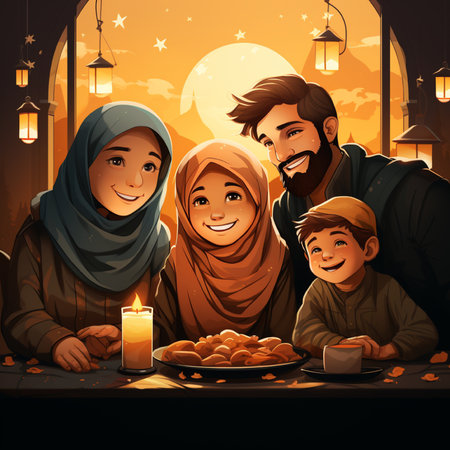 Happy muslim family having dinner in mosque at night, vector illustrationの素材