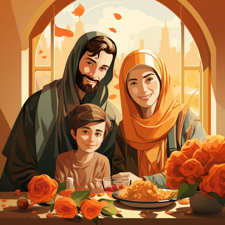 Happy family sitting at table with rosary and food. Vector illustration.の素材