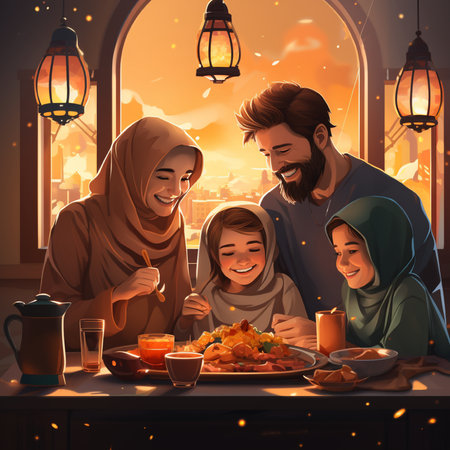 Muslim family having dinner together at night. Ramadan Kareem celebration concept.の素材