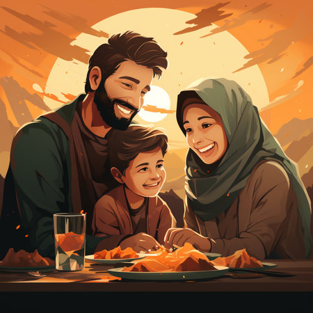 Muslim family eating food in the evening at the table, vector illustrationの素材