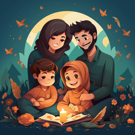 Happy family reading book in autumn forest. Mother, father and son sitting on grass at night. Vector illustrationの素材
