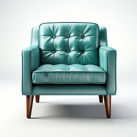 A stylish tufted teal leather armchair featuring dark wooden legs, presented on a clean white background. Modern furniture design.の素材