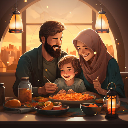 Happy muslim family eating food together at home. Ramadan Kareem concept.の素材
